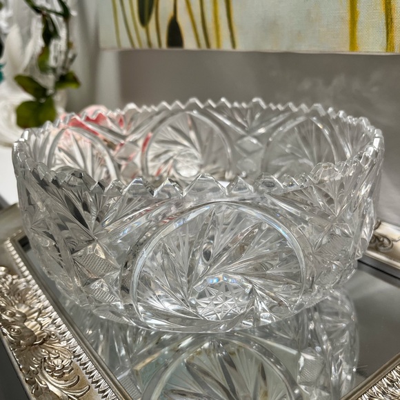Large Bohemian 24% Lead Crystal Bowl Pinwheel Star Pattern Glass Vintage - Picture 5 of 7